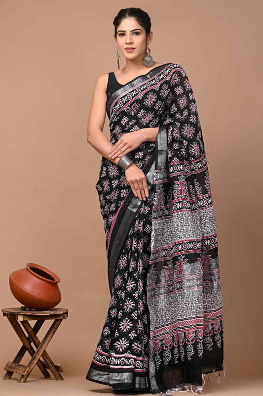 Hand Block Printed Linen Saree