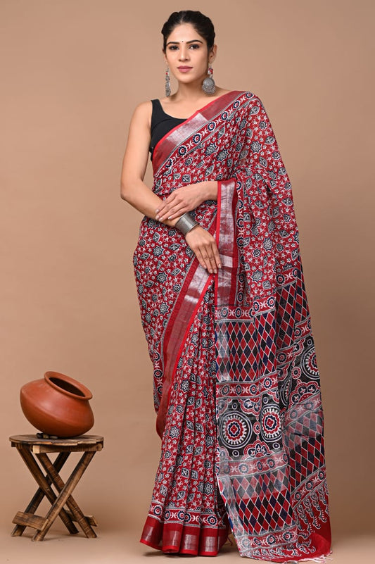 Hand Block Printed Linen Saree