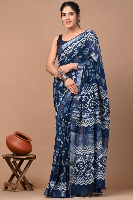 Hand Block Printed Linen Saree