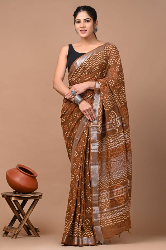 Hand Block Printed Linen Saree