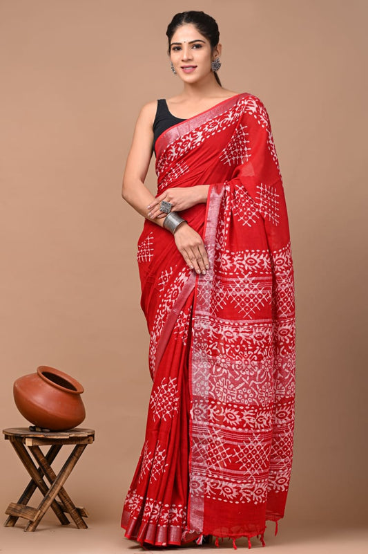 Hand Block Printed Linen Saree