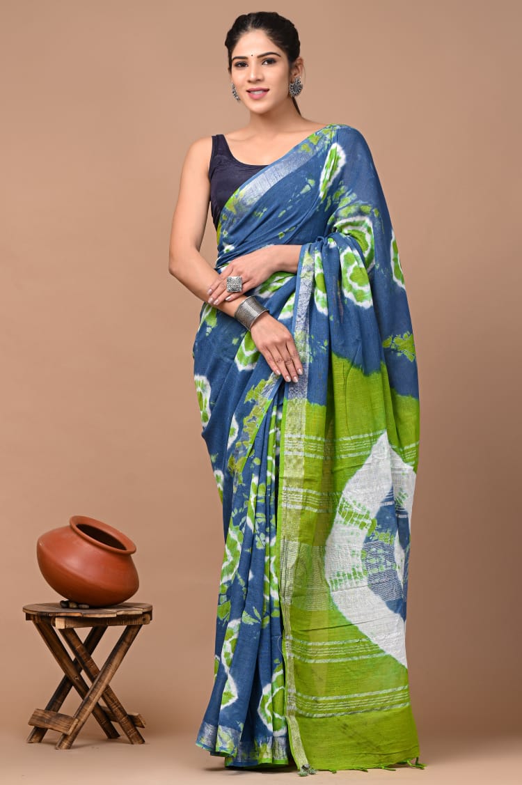 Hand Block Printed Linen Saree