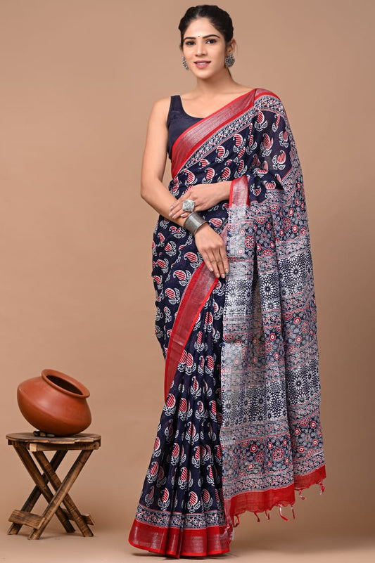 Hand Block Printed Linen Saree