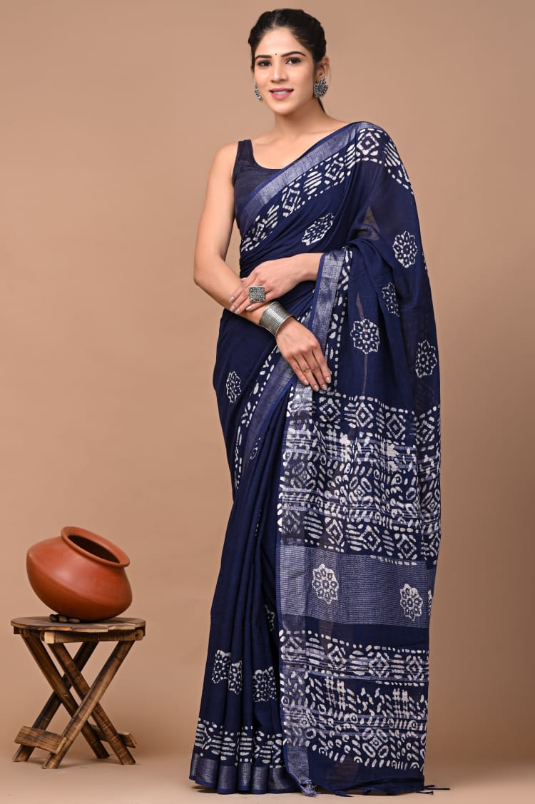 Hand Block Printed Linen Saree