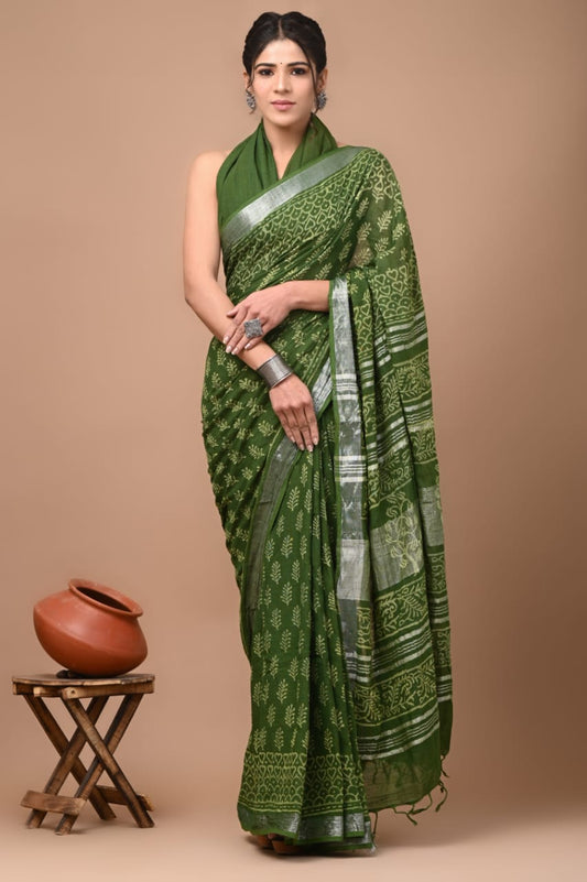 Hand Block Printed Linen Saree