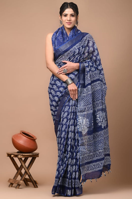 Hand Block Printed Linen Saree