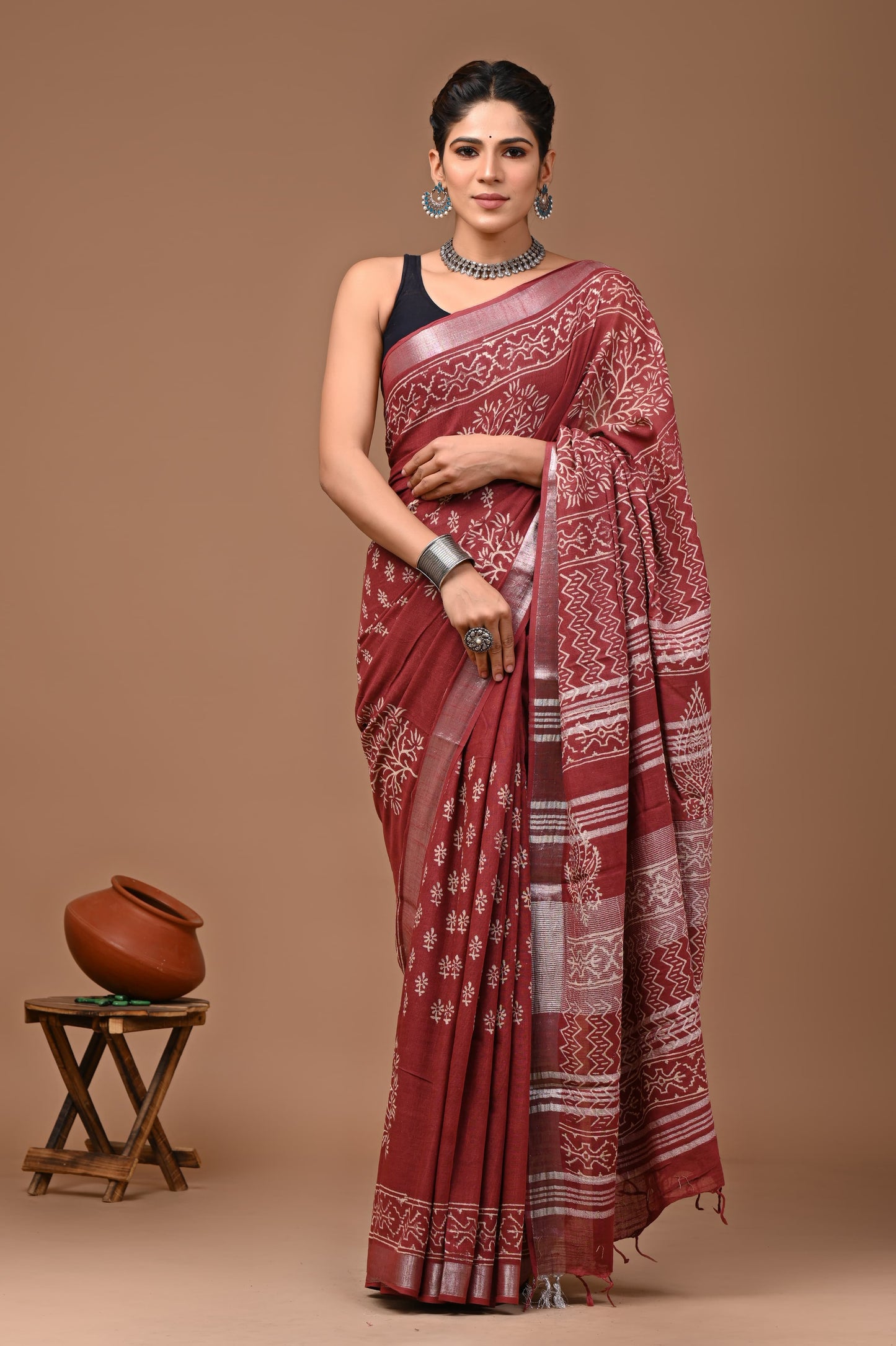 Hand Block Printed Linen Saree