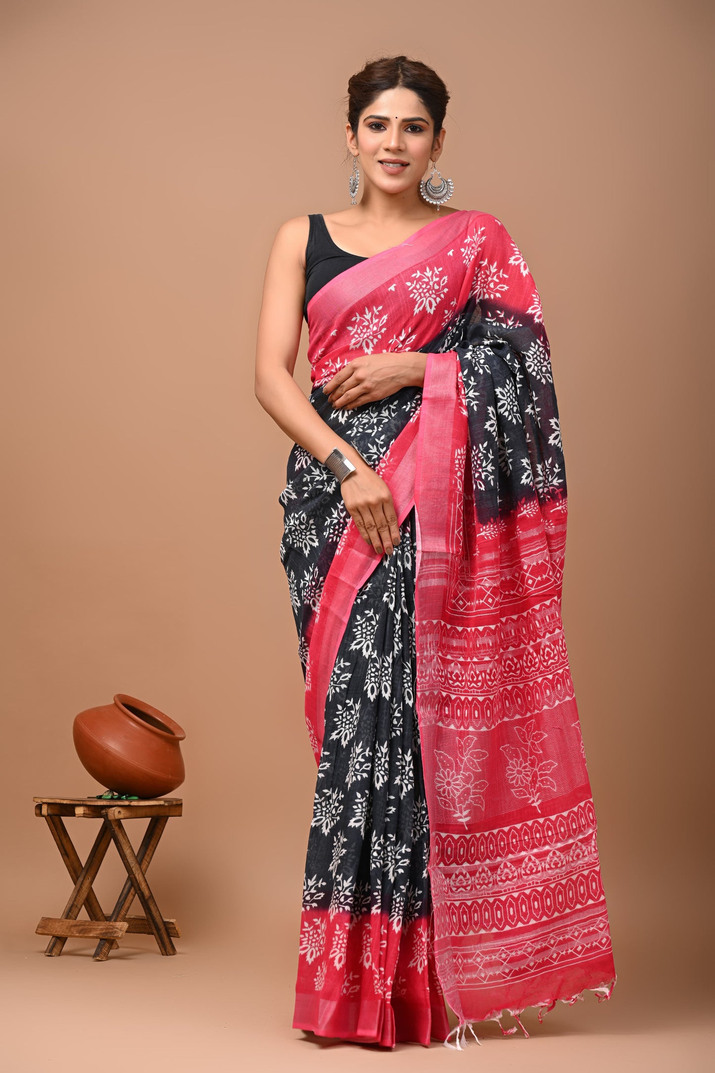 Hand Block Printed Linen Saree