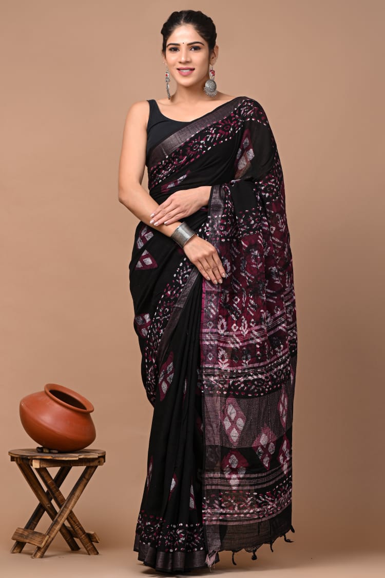 Hand Block Printed Linen Saree