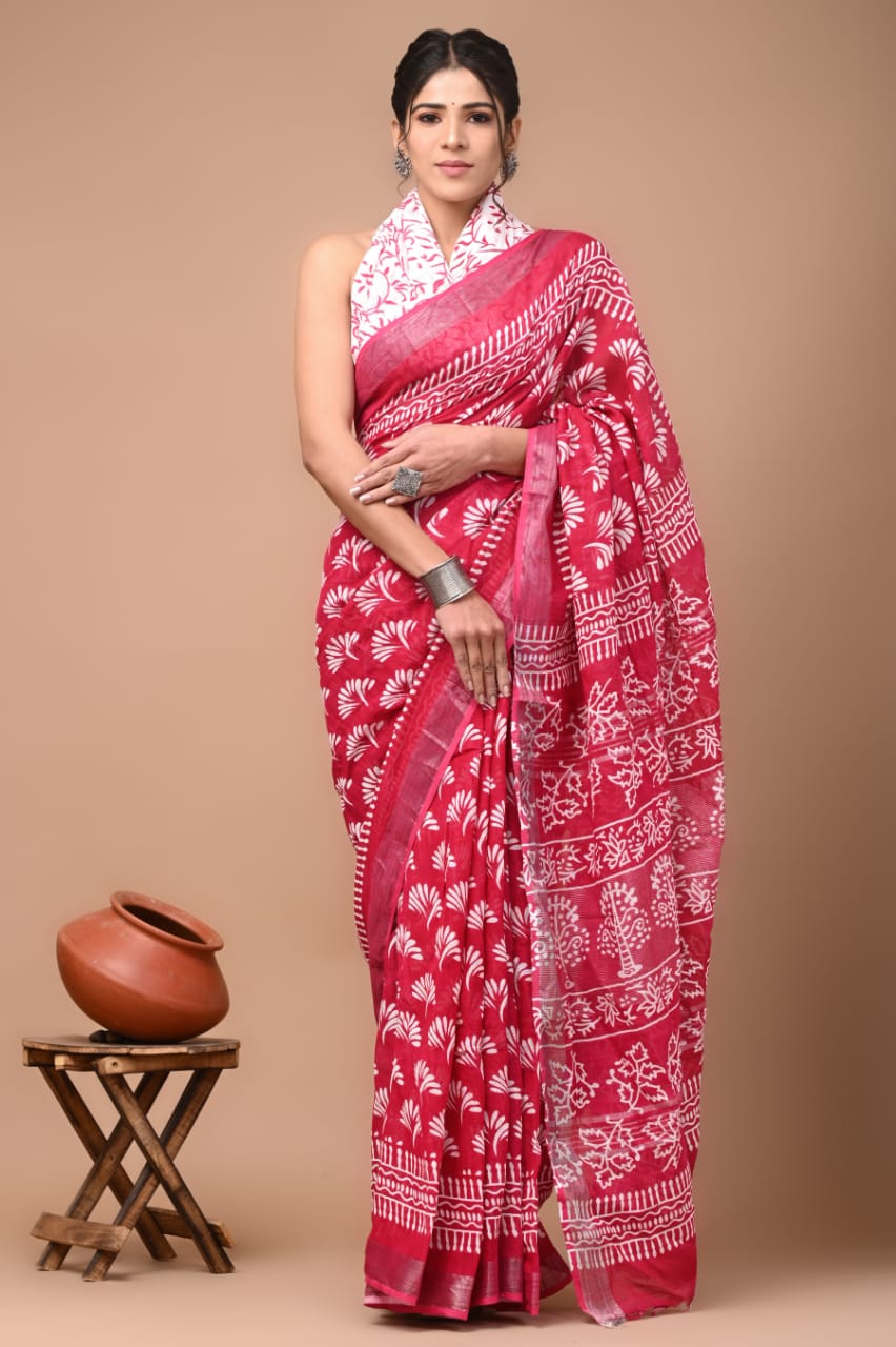 Hand Block Printed Linen Saree