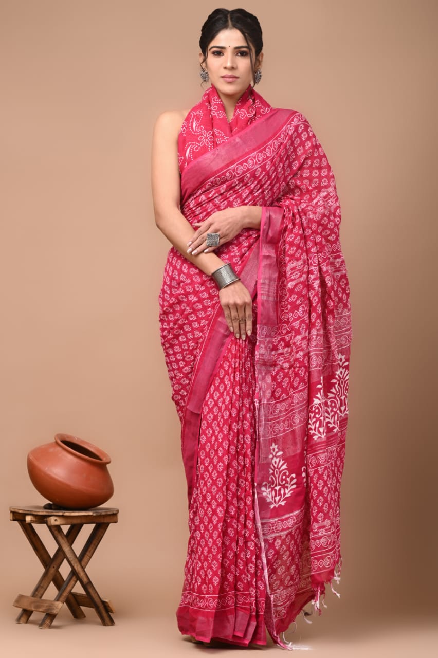 Hand Block Printed Linen Saree