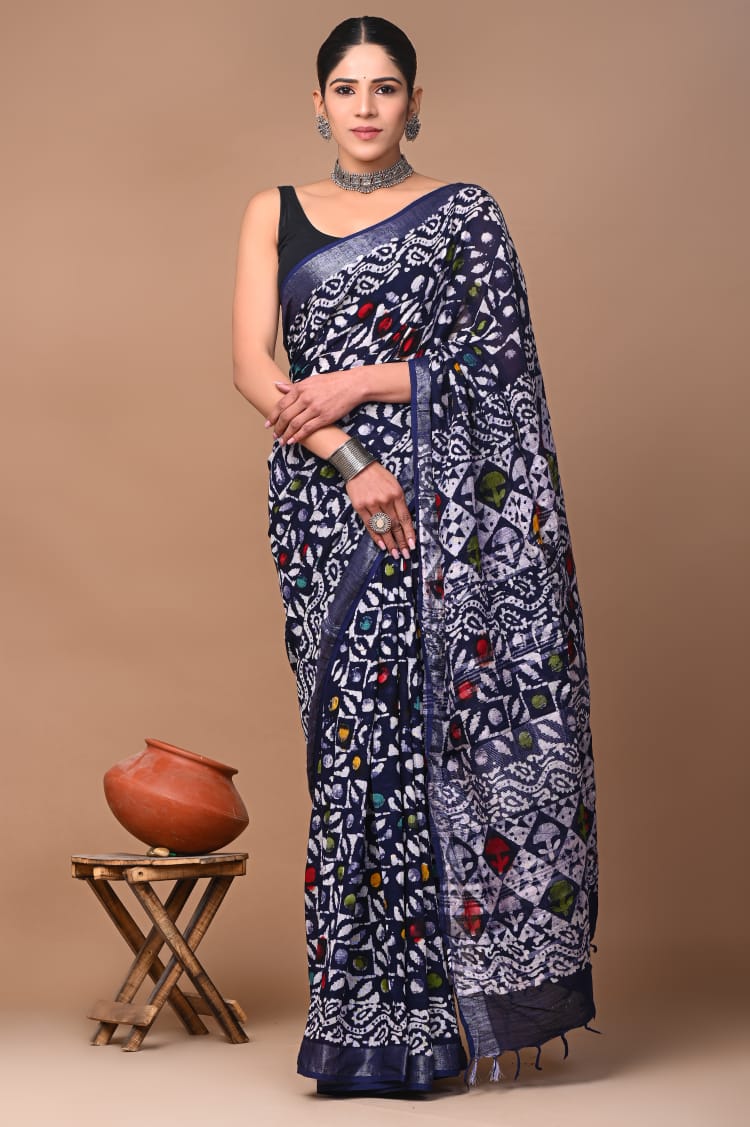 Hand Block Printed Linen Saree