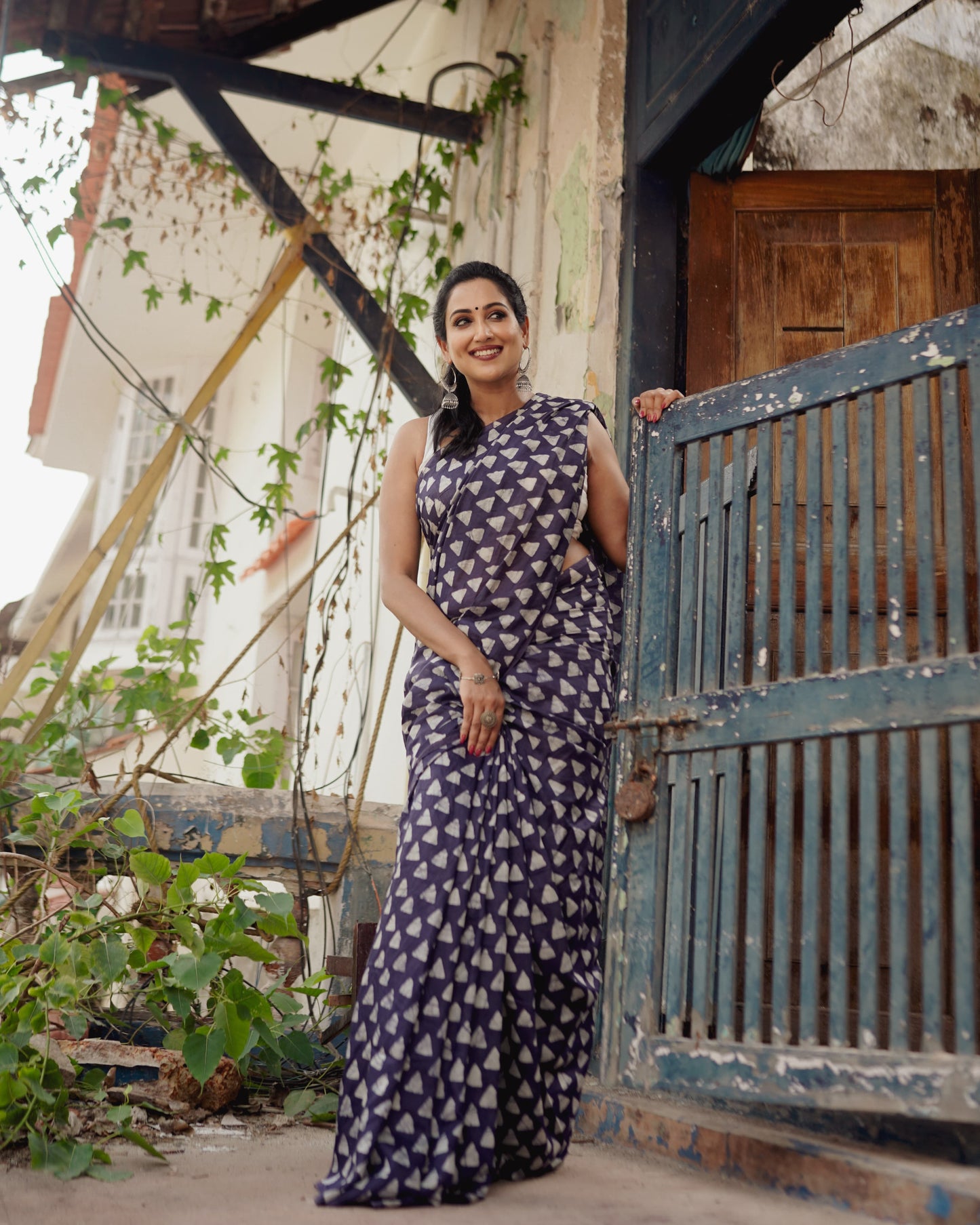 New indigo color handblock batik printed saree