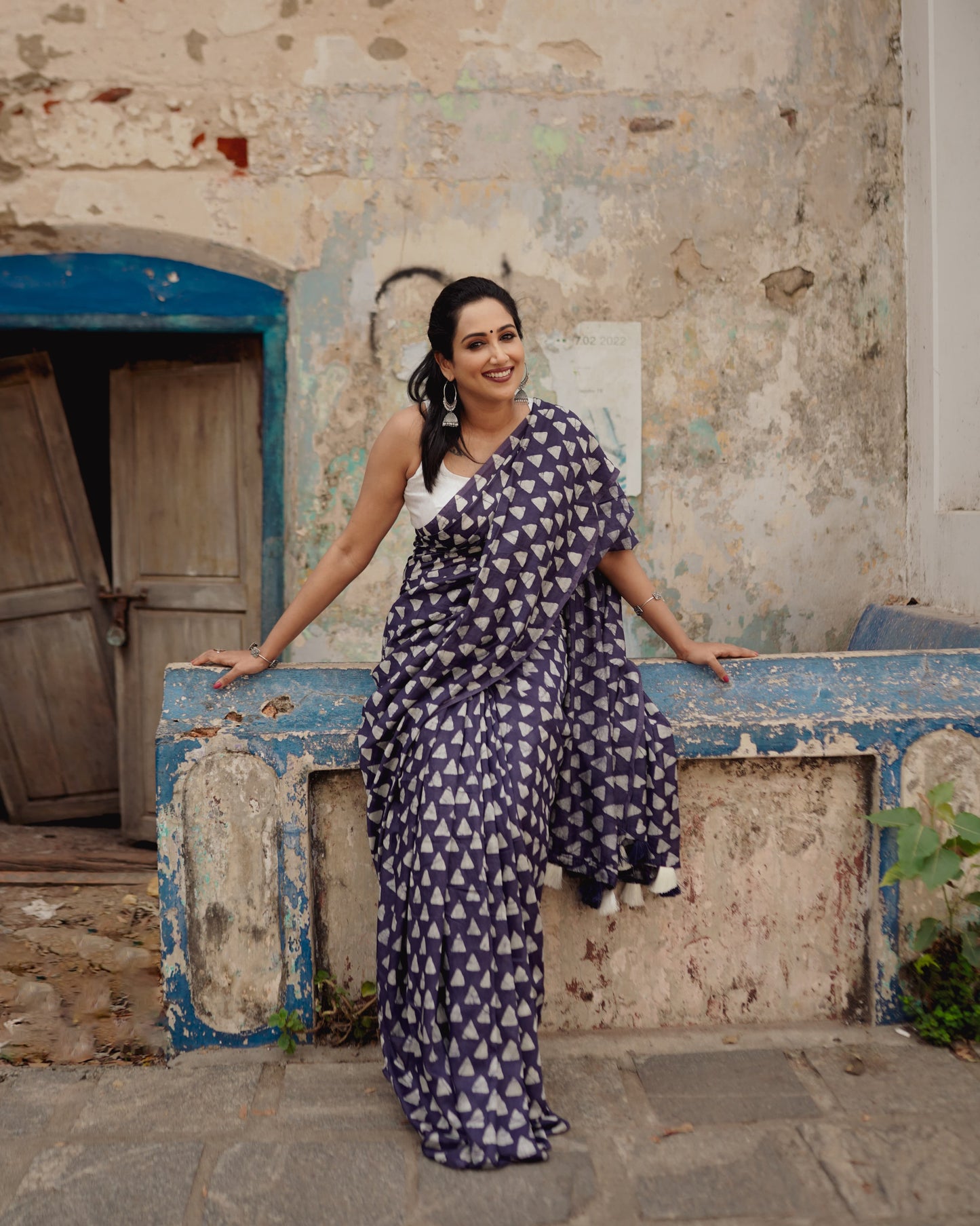 New indigo color handblock batik printed saree