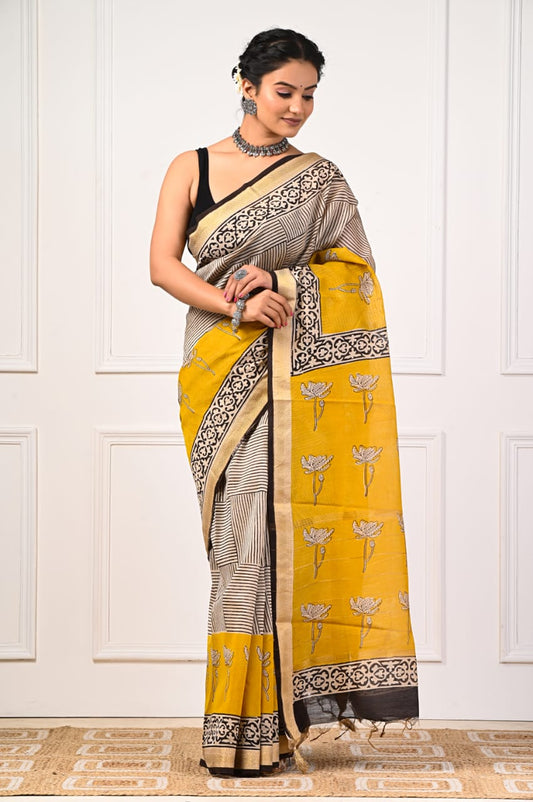 Maheshwari Hand block Silk Saree