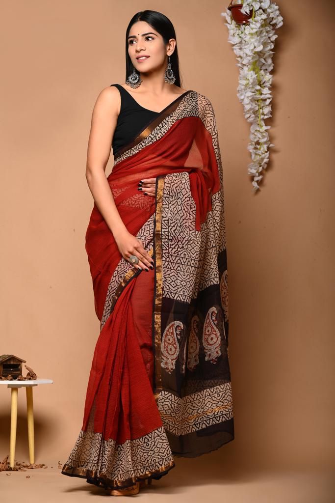 Exclusive Hand Block Printed Kota Doria saree