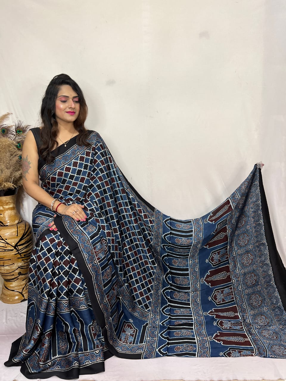 Ajrakh Silk Saree