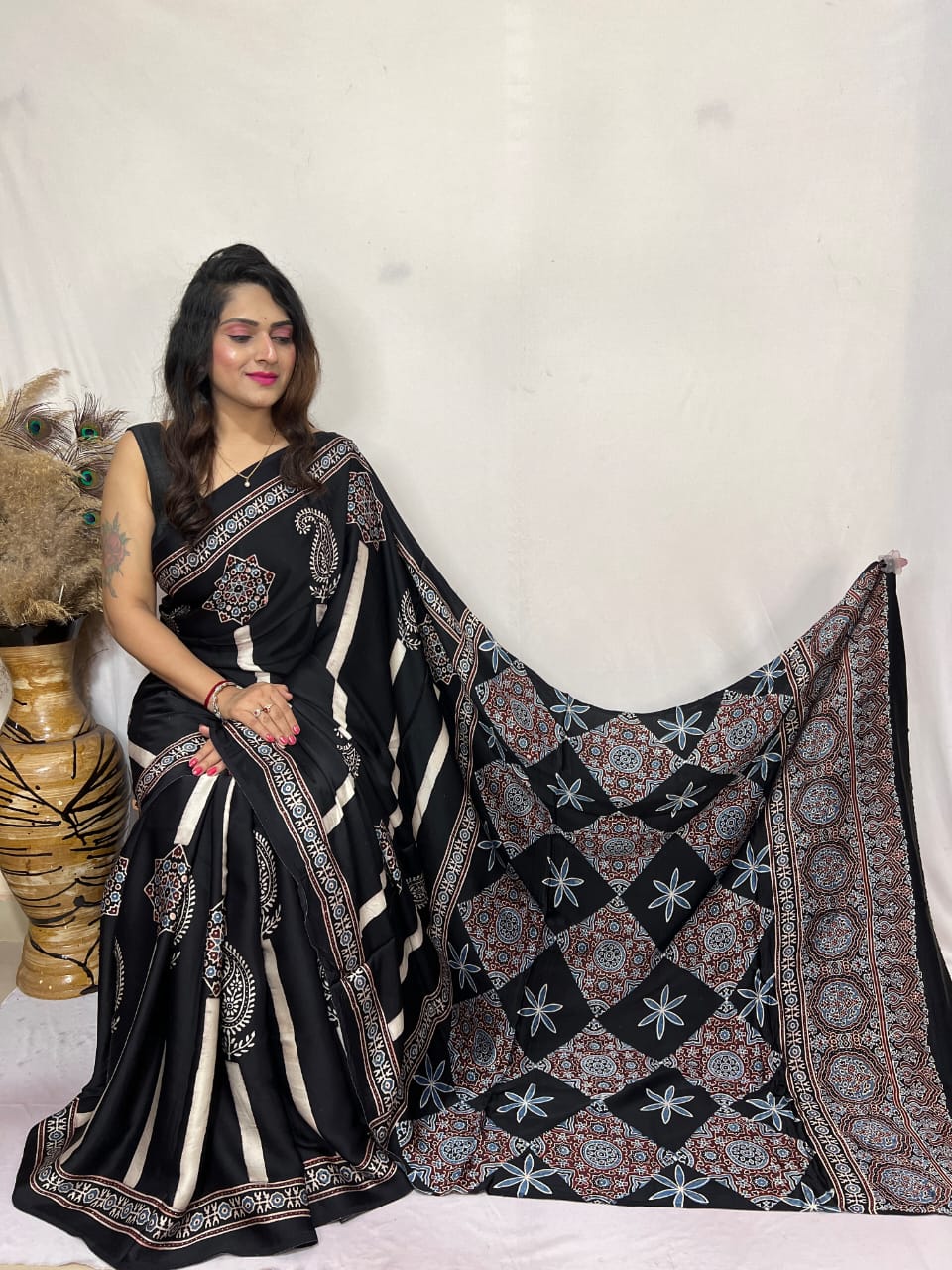 Ajrakh Silk Saree