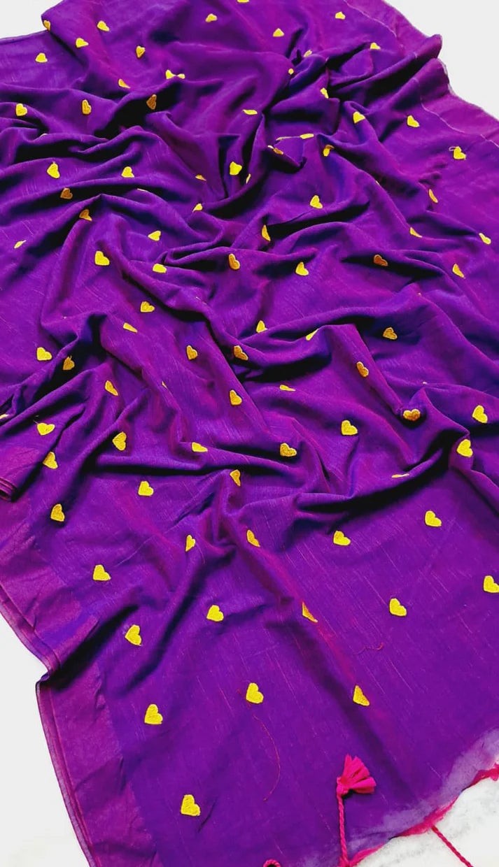 Mul cotton saree with Heart Embroidery