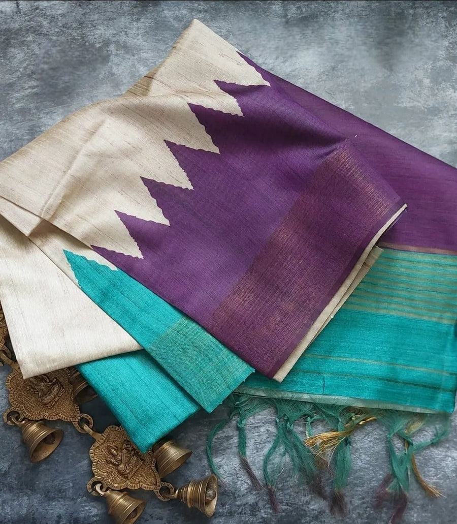 TEMPLE BORDER SEMI TUSSAR SAREE